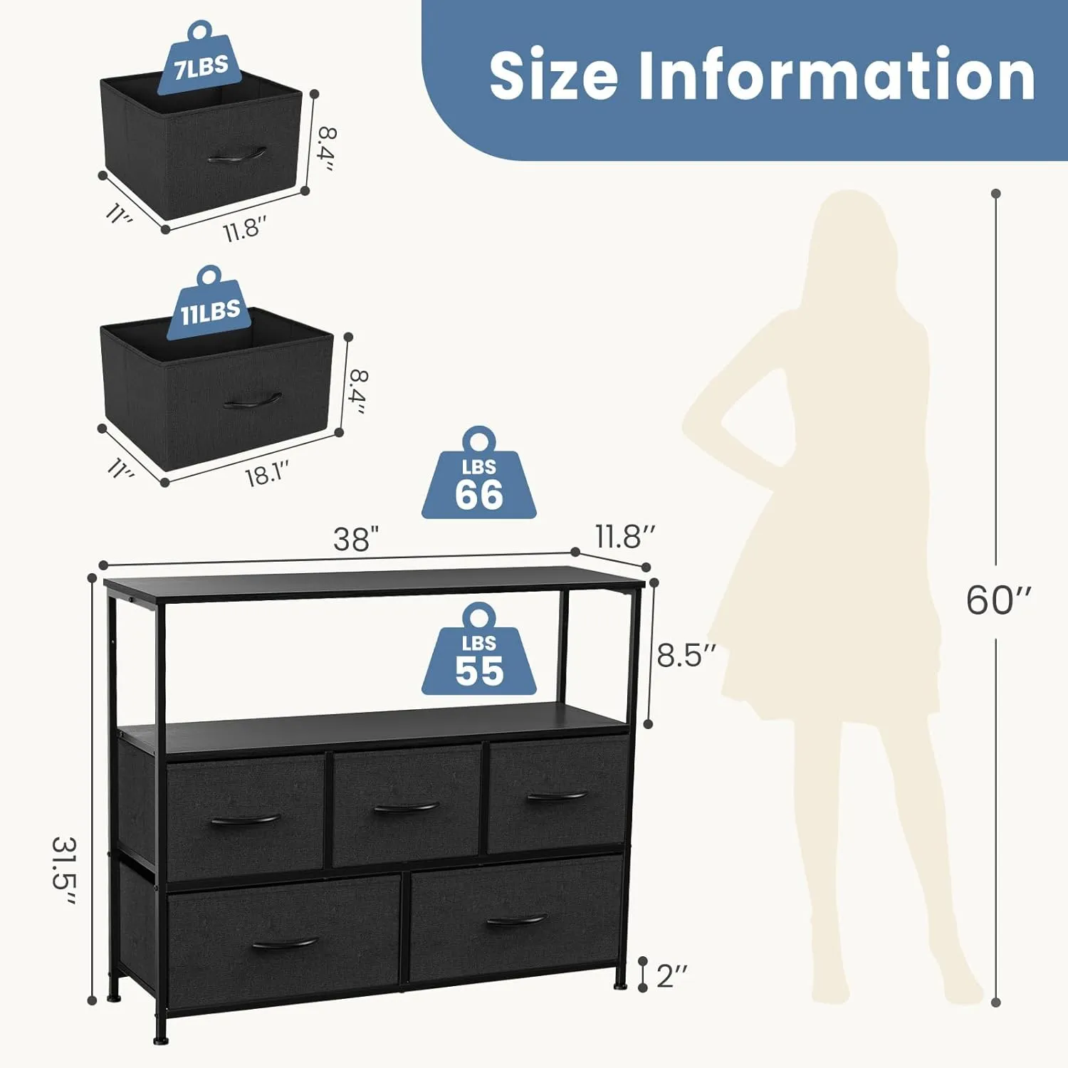 DUMOS TV Stand Dresser with 5 Fabric Storage Drawers, Media Console Featuring Open Shelf for 45 inch TV, Compact Entertainment Unit for Bedroom, Living Space, or Dorm Organization, Black