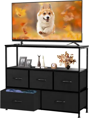 DUMOS TV Stand Dresser with 5 Fabric Storage Drawers, Media Console Featuring Open Shelf for 45 inch TV, Compact Entertainment Unit for Bedroom, Living Space, or Dorm Organization, Black