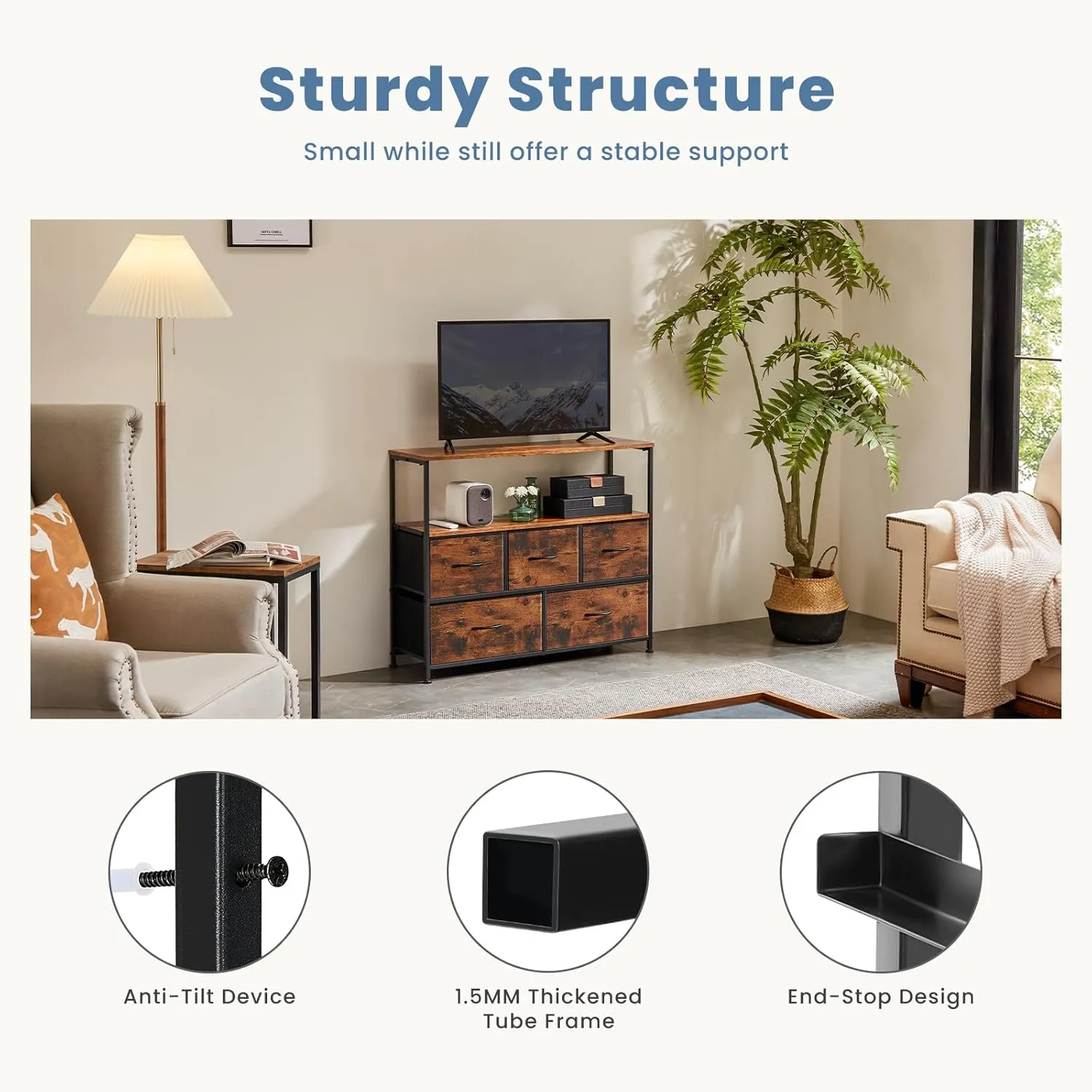 DUMOS TV Stand Dresser with 5 Fabric Storage Drawers, Media Console Featuring Open Shelf for 45 inch TV, Compact Entertainment Unit for Bedroom, Living Space, or Dorm Organization, Rust