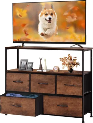 DUMOS TV Stand Dresser with 5 Fabric Storage Drawers, Media Console Featuring Open Shelf for 45 inch TV, Compact Entertainment Unit for Bedroom, Living Space, or Dorm Organization, Rust