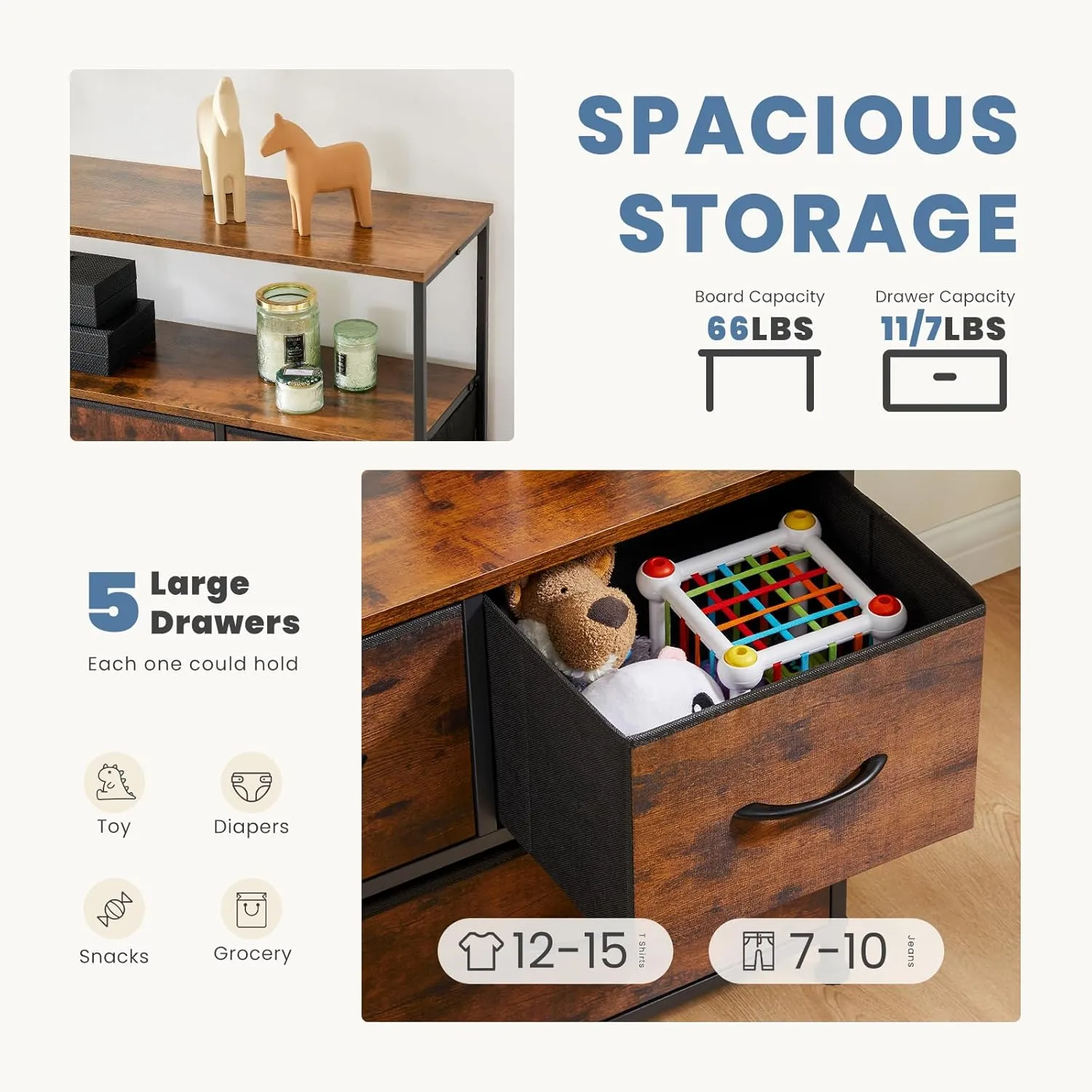 DUMOS TV Stand Dresser with 5 Fabric Storage Drawers, Media Console Featuring Open Shelf for 45 inch TV, Compact Entertainment Unit for Bedroom, Living Space, or Dorm Organization, Rust