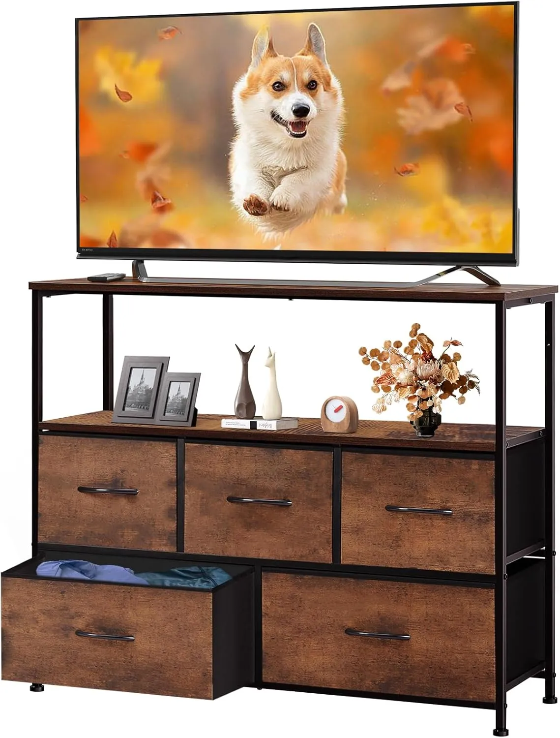 DUMOS TV Stand Dresser with 5 Fabric Storage Drawers, Media Console Featuring Open Shelf for 45 inch TV, Compact Entertainment Unit for Bedroom, Living Space, or Dorm Organization, Rust