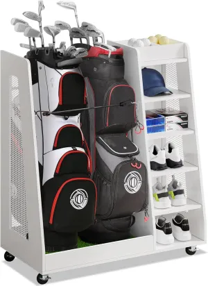 DWVO Golf Bag Organizer for Garage, Wooden 2 Golf Bag Stand Holder with Wheels, Golf Storage Organizer for Golf Bags, Clubs, Balls and Other Equipment Accessories