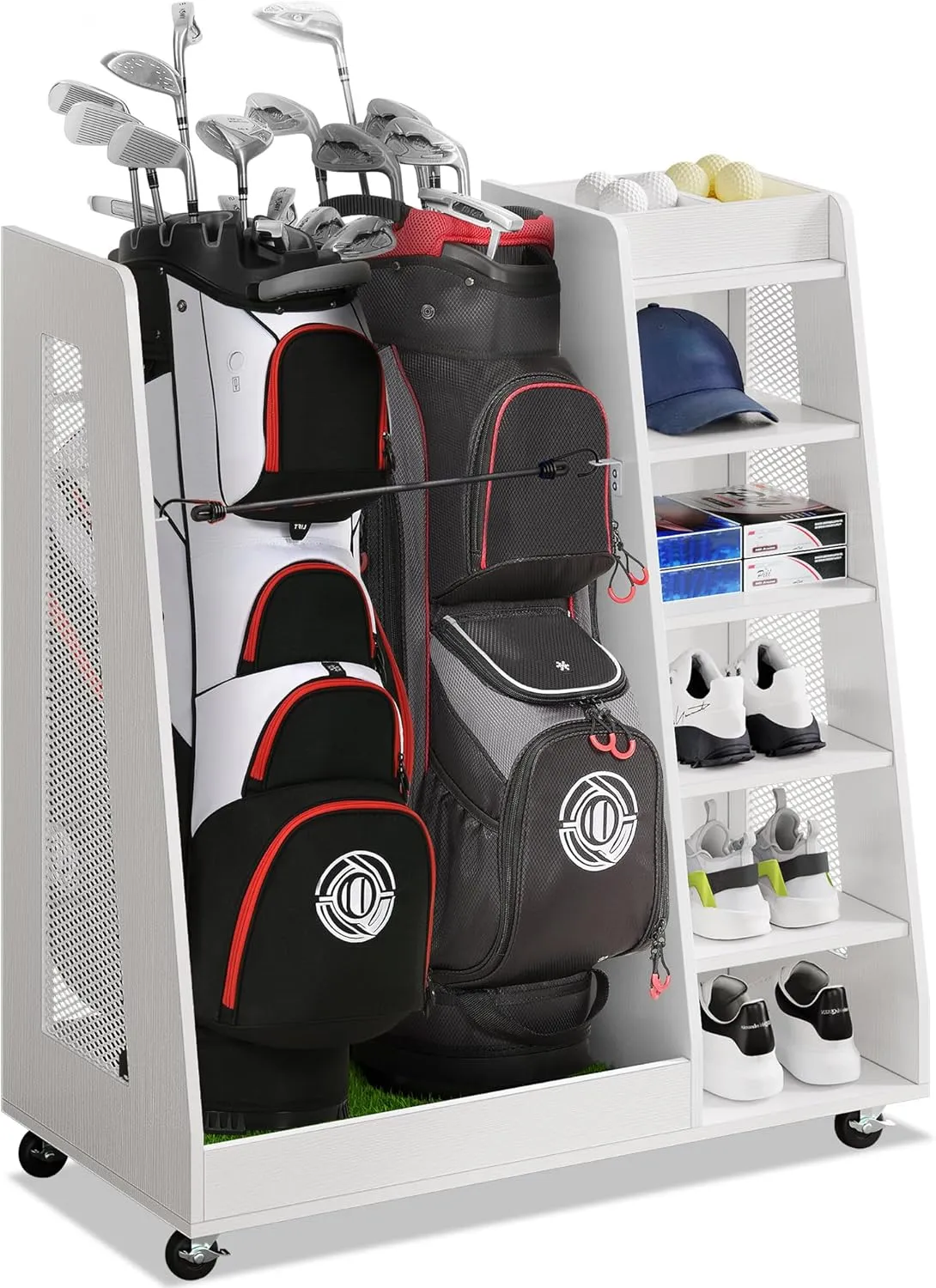 DWVO Golf Bag Organizer for Garage, Wooden 2 Golf Bag Stand Holder with Wheels, Golf Storage Organizer for Golf Bags, Clubs, Balls and Other Equipment Accessories