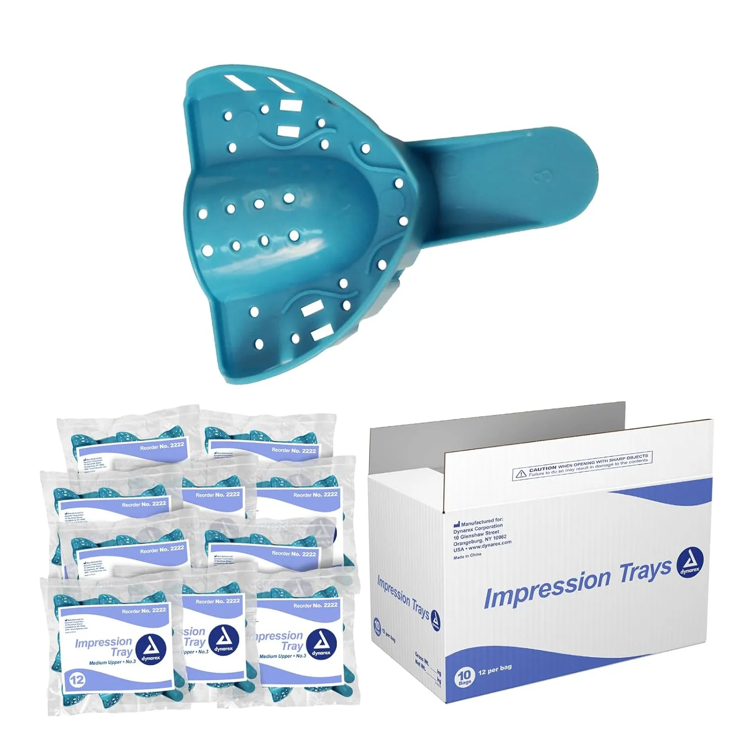 Dynarex Dental Impression Trays - Perforated Dental Tray, Ergonomic Handles - No Natural Rubber Latex - Medium Upper Size No. 3-12 Pieces Per Bag, 10 Bags Per Case