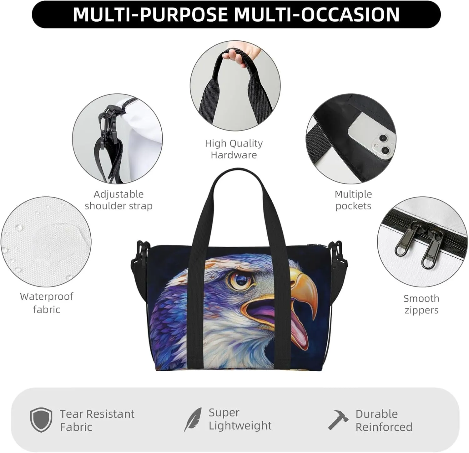 eagle print Travel Duffel Bag, Sports Tote Gym Bag, Swim Pool Bag Large Shoulder Tote Bag for Beach Weekender