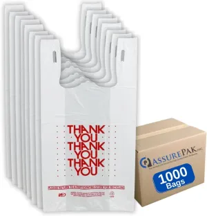 Easy Open - White 'Thank You' HDPE T-Shirt Bags - 1/6 BBL 11.5"X6"X21" - 1000 Bags - 13 microns - White - 10015-EO - AssurePak