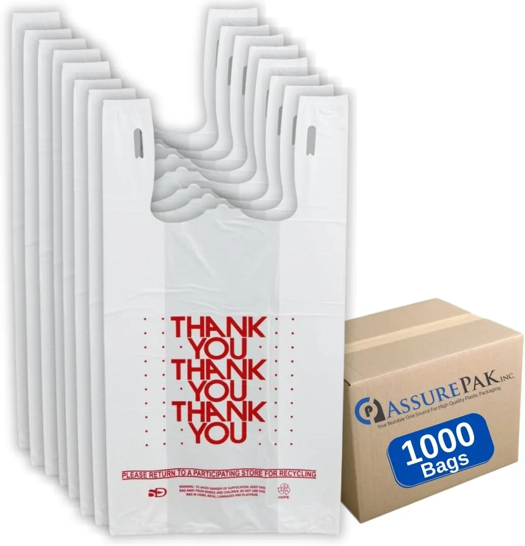 Easy Open - White 'Thank You' HDPE T-Shirt Bags - 1/6 BBL 11.5"X6"X21" - 1000 Bags - 13 microns - White - 10015-EO - AssurePak