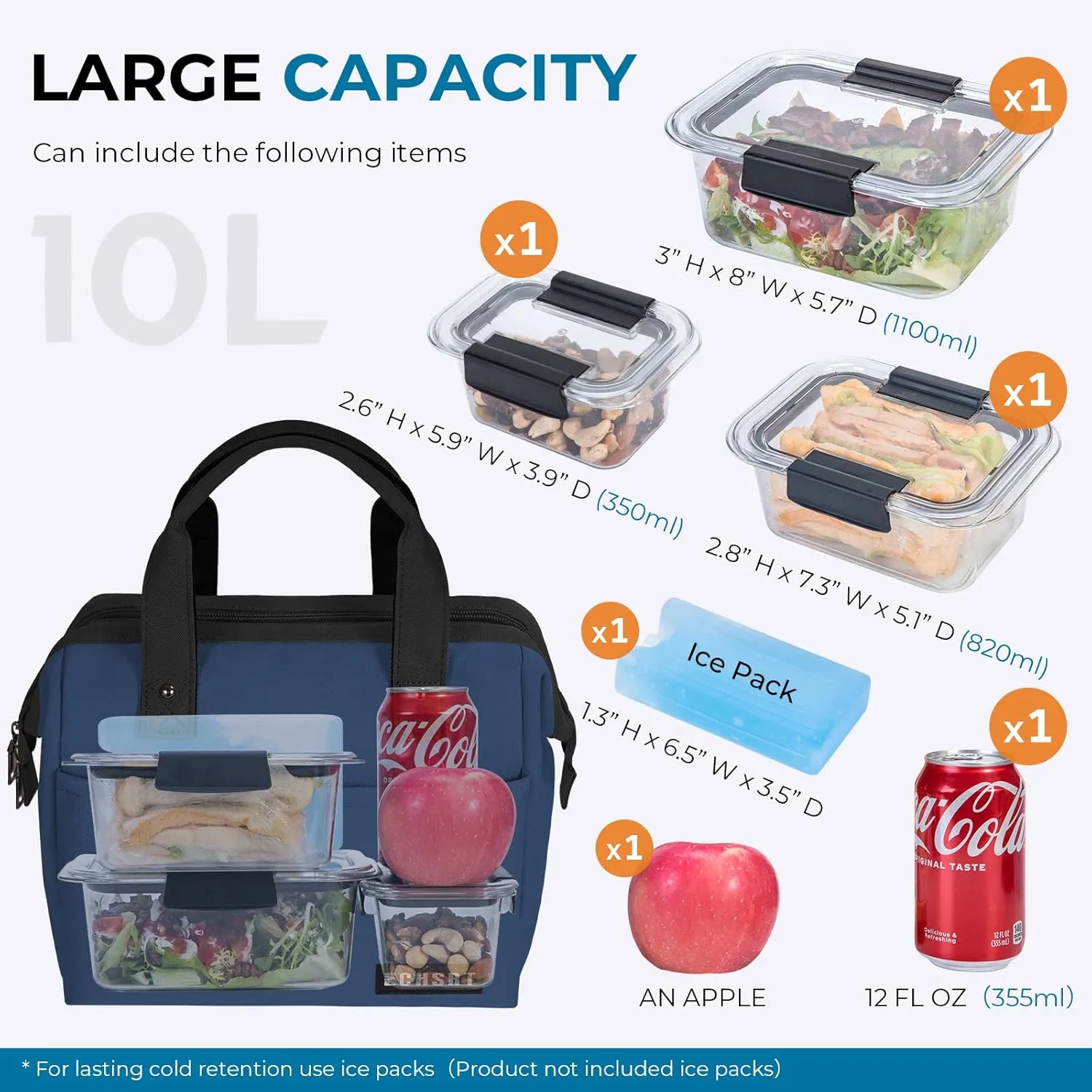ECHSRT Large Insulated Lunch Bag for Women Men Leakproof Cooler Lunch Tote Bags for Work Travel Adult Thermal Lunchbox for Office -10L Blue