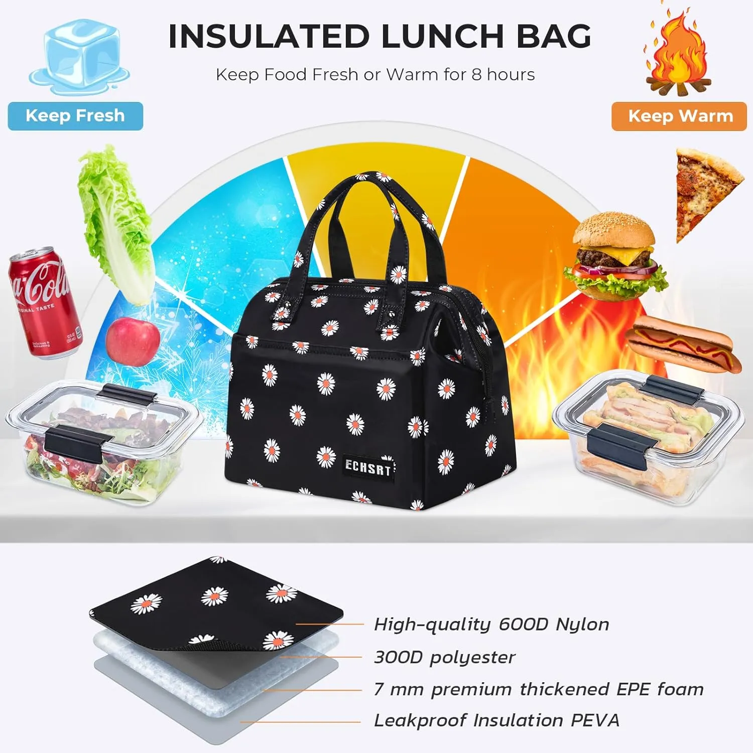 ECHSRT Large Insulated Lunch Bag for Women Men Leakproof Cooler Lunch Tote Bags for Work Travel Adult Thermal Lunchbox for Office -10L Daisy Print
