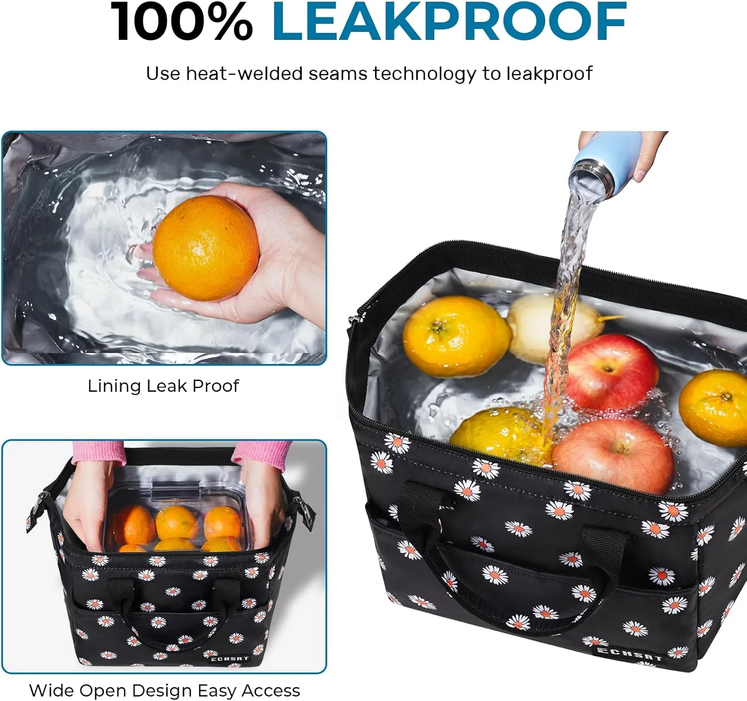 ECHSRT Large Insulated Lunch Bag for Women Men Leakproof Cooler Lunch Tote Bags for Work Travel Adult Thermal Lunchbox for Office -10L Daisy Print