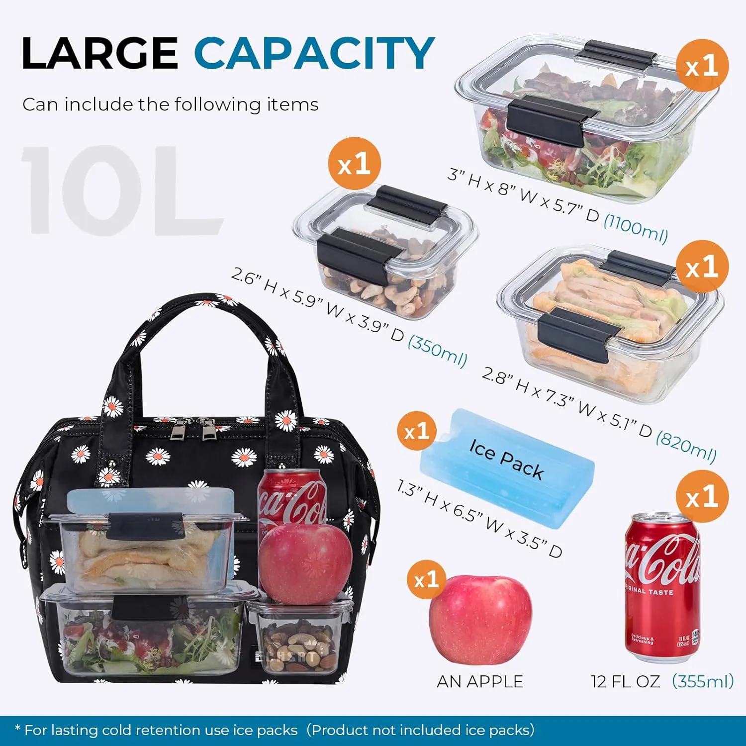 ECHSRT Large Insulated Lunch Bag for Women Men Leakproof Cooler Lunch Tote Bags for Work Travel Adult Thermal Lunchbox for Office -10L Daisy Print