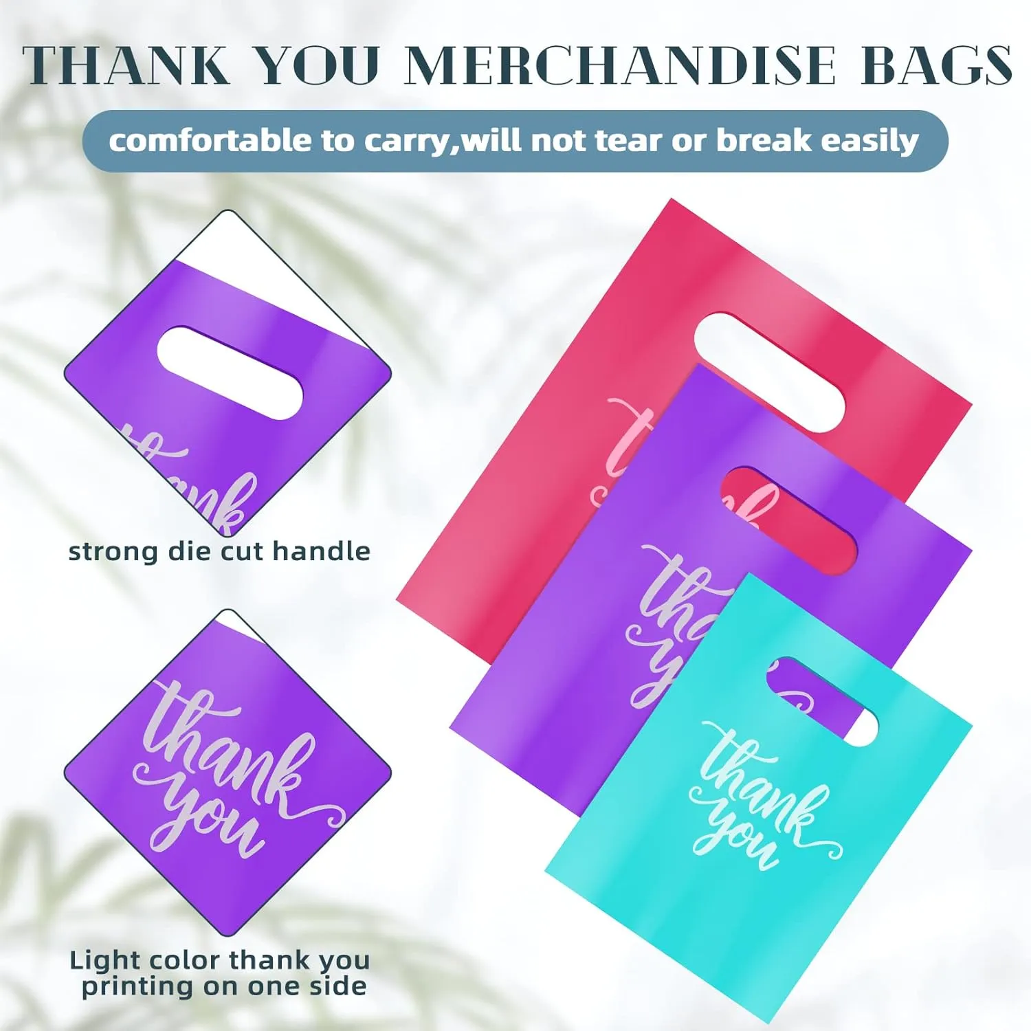 Eersida 200 Pcs Thank You Plastic Bags with Handles Die Cut Plastic Shopping Merchandise Bags Bulk 3 Sizes Retail Grocery Shopping Pack for Small Business Goodie Wedding Party(Pink, Purple, Turquoise)