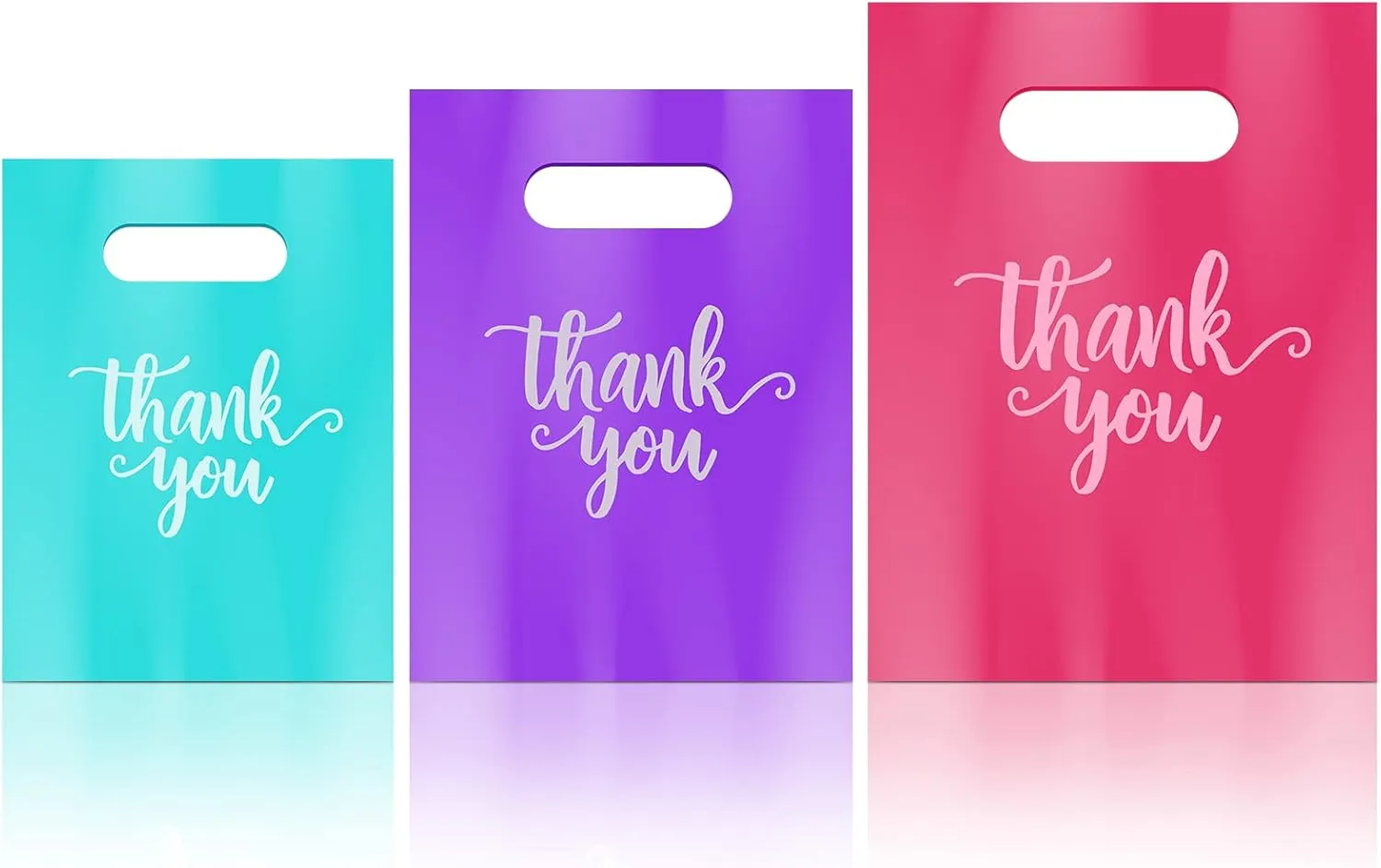 Eersida 200 Pcs Thank You Plastic Bags with Handles Die Cut Plastic Shopping Merchandise Bags Bulk 3 Sizes Retail Grocery Shopping Pack for Small Business Goodie Wedding Party(Pink, Purple, Turquoise)