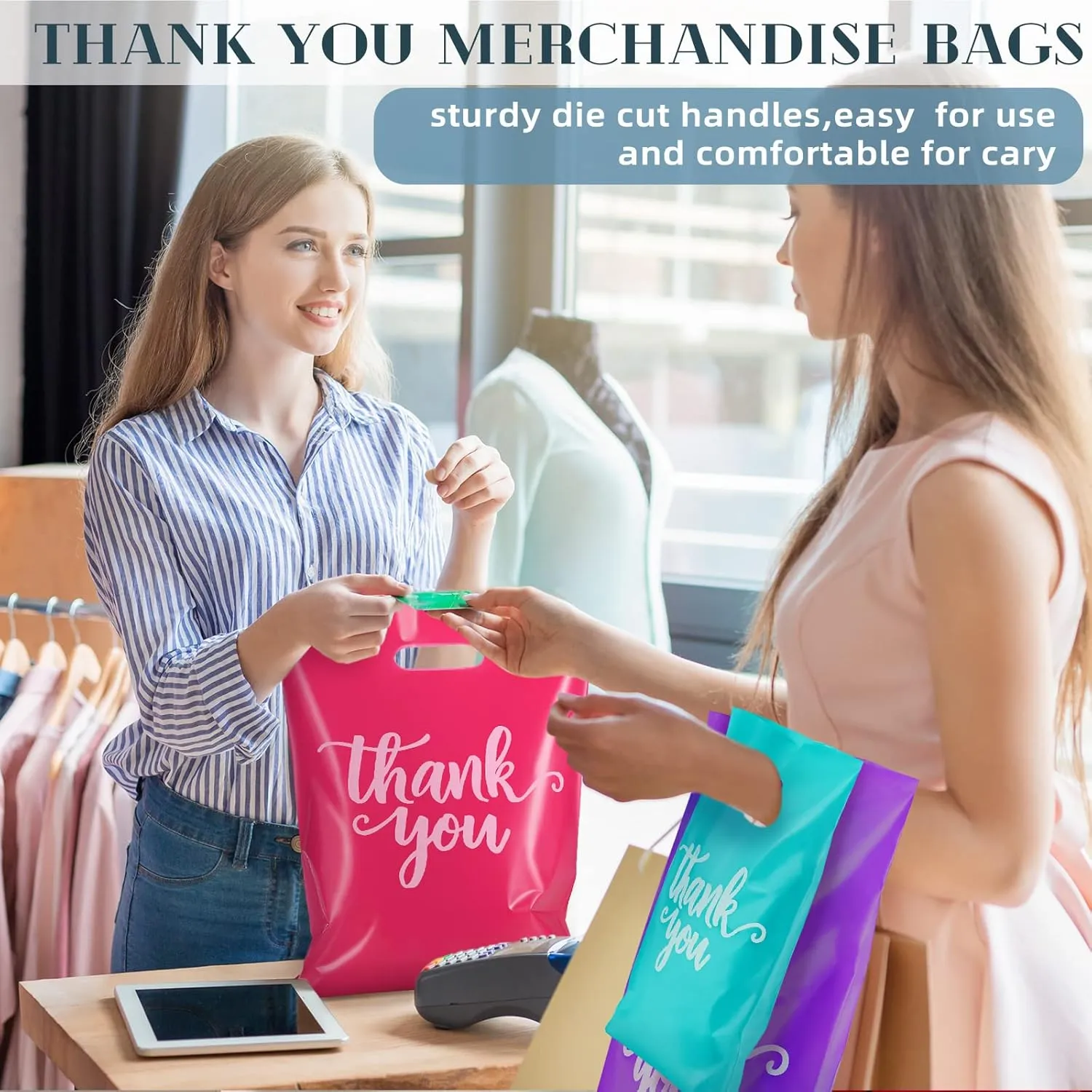 Eersida 200 Pcs Thank You Plastic Bags with Handles Die Cut Plastic Shopping Merchandise Bags Bulk 3 Sizes Retail Grocery Shopping Pack for Small Business Goodie Wedding Party(Pink, Purple, Turquoise)