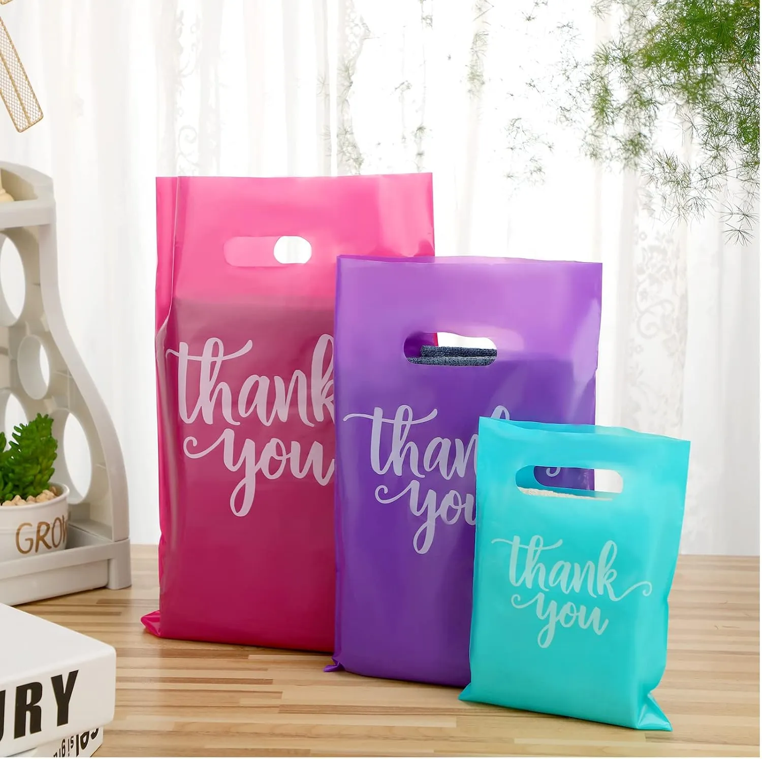 Eersida 200 Pcs Thank You Plastic Bags with Handles Die Cut Plastic Shopping Merchandise Bags Bulk 3 Sizes Retail Grocery Shopping Pack for Small Business Goodie Wedding Party(Pink, Purple, Turquoise)