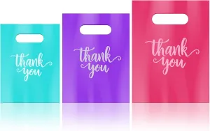 Eersida 200 Pcs Thank You Plastic Bags with Handles Die Cut Plastic Shopping Merchandise Bags Bulk 3 Sizes Retail Grocery Shopping Pack for Small Business Goodie Wedding Party(Pink, Purple, Turquoise)