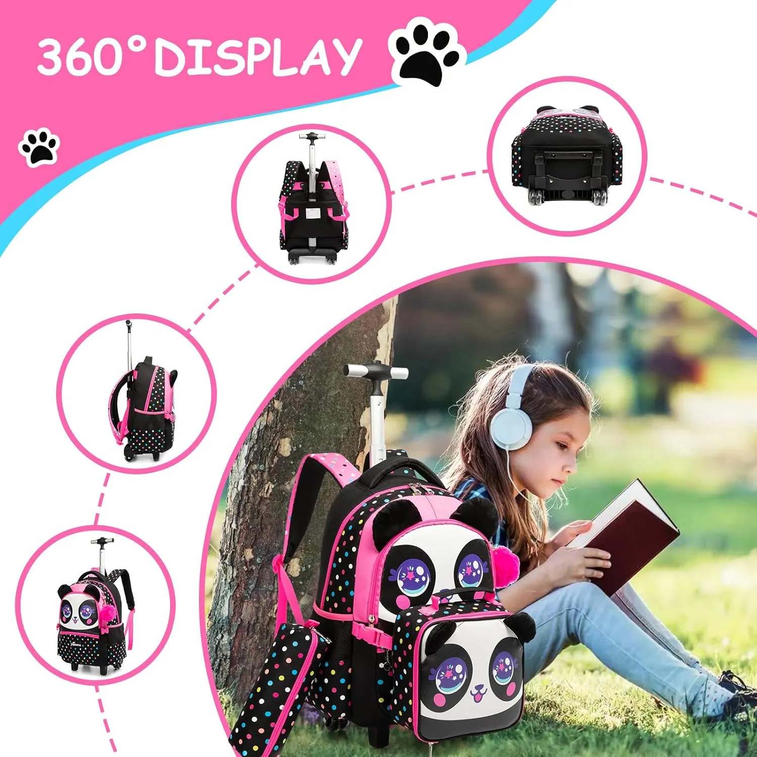 Egchescebo Kids Rolling Animal Backpack for Girls Trolley Suitcases Luggage Travel with Wheels Bookbag Wheeled 17" 3PCS Roller Backpacks Set Toddler Back Pack School Bags for Elementary Black