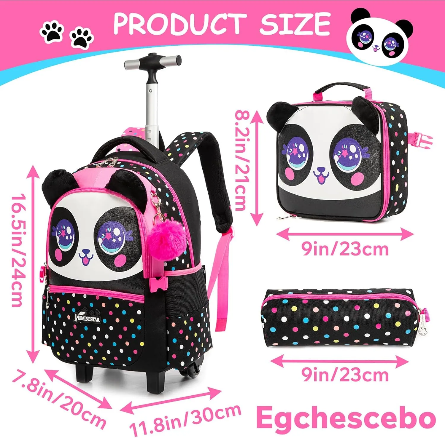 Egchescebo Kids Rolling Animal Backpack for Girls Trolley Suitcases Luggage Travel with Wheels Bookbag Wheeled 17" 3PCS Roller Backpacks Set Toddler Back Pack School Bags for Elementary Black