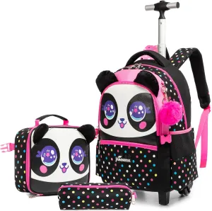 Egchescebo Kids Rolling Animal Backpack for Girls Trolley Suitcases Luggage Travel with Wheels Bookbag Wheeled 17" 3PCS Roller Backpacks Set Toddler Back Pack School Bags for Elementary Black