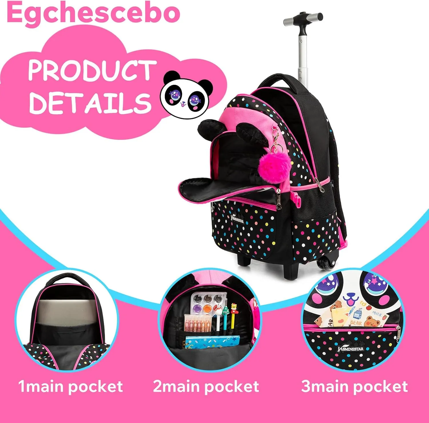 Egchescebo Kids Rolling Animal Backpack for Girls Trolley Suitcases Luggage Travel with Wheels Bookbag Wheeled 17" 3PCS Roller Backpacks Set Toddler Back Pack School Bags for Elementary Black