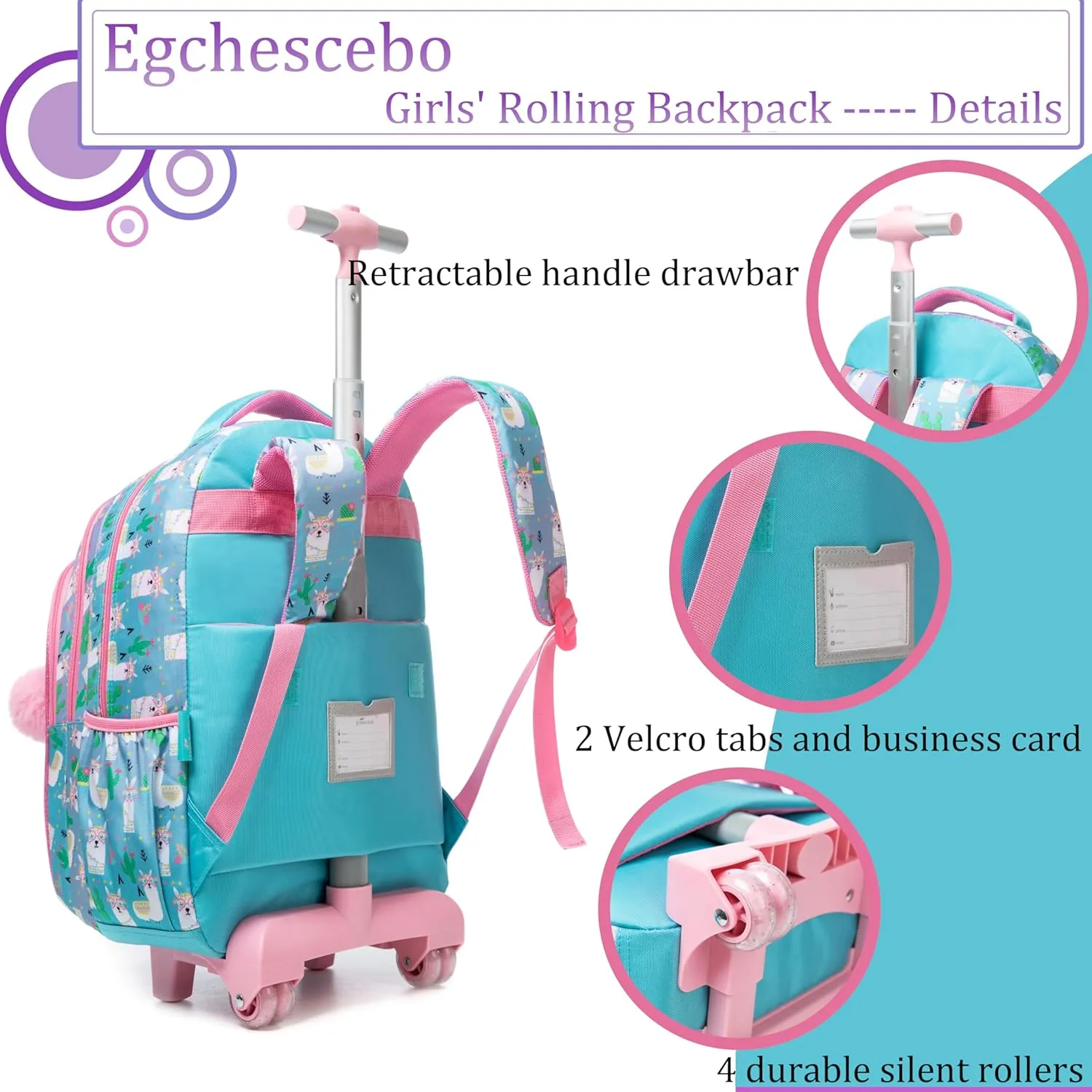 Egchescebo Kids Rolling Backpack for Girls Alpaca Suitcases Trolley Roller Luggage Backpacks on Wheels with Lunch Box Pencil Case for Elementary Multiple Compartment Pockets Travel School Bag Sky Blue
