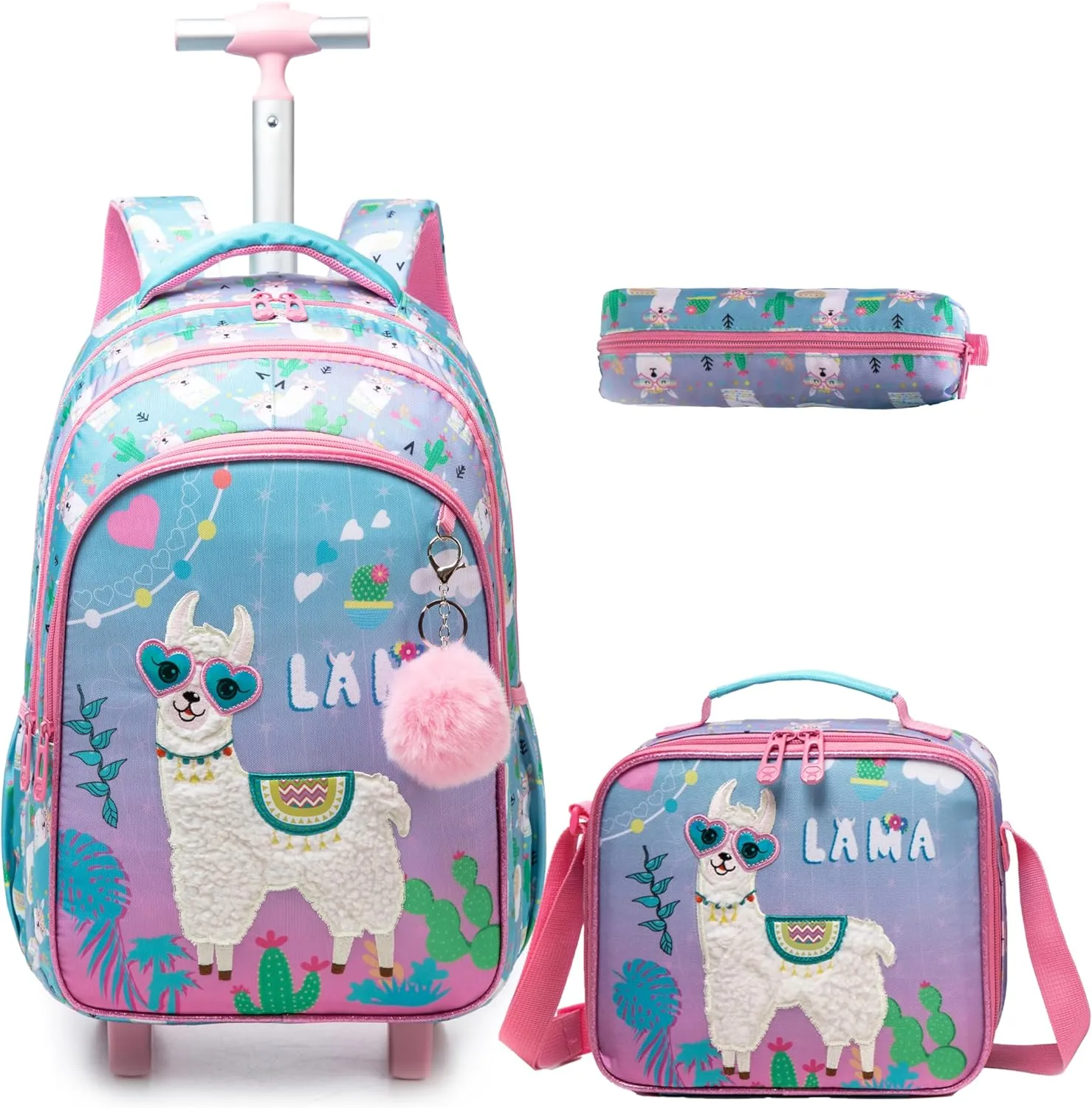 Egchescebo Kids Rolling Backpack for Girls Alpaca Suitcases Trolley Roller Luggage Backpacks on Wheels with Lunch Box Pencil Case for Elementary Multiple Compartment Pockets Travel School Bag Sky Blue