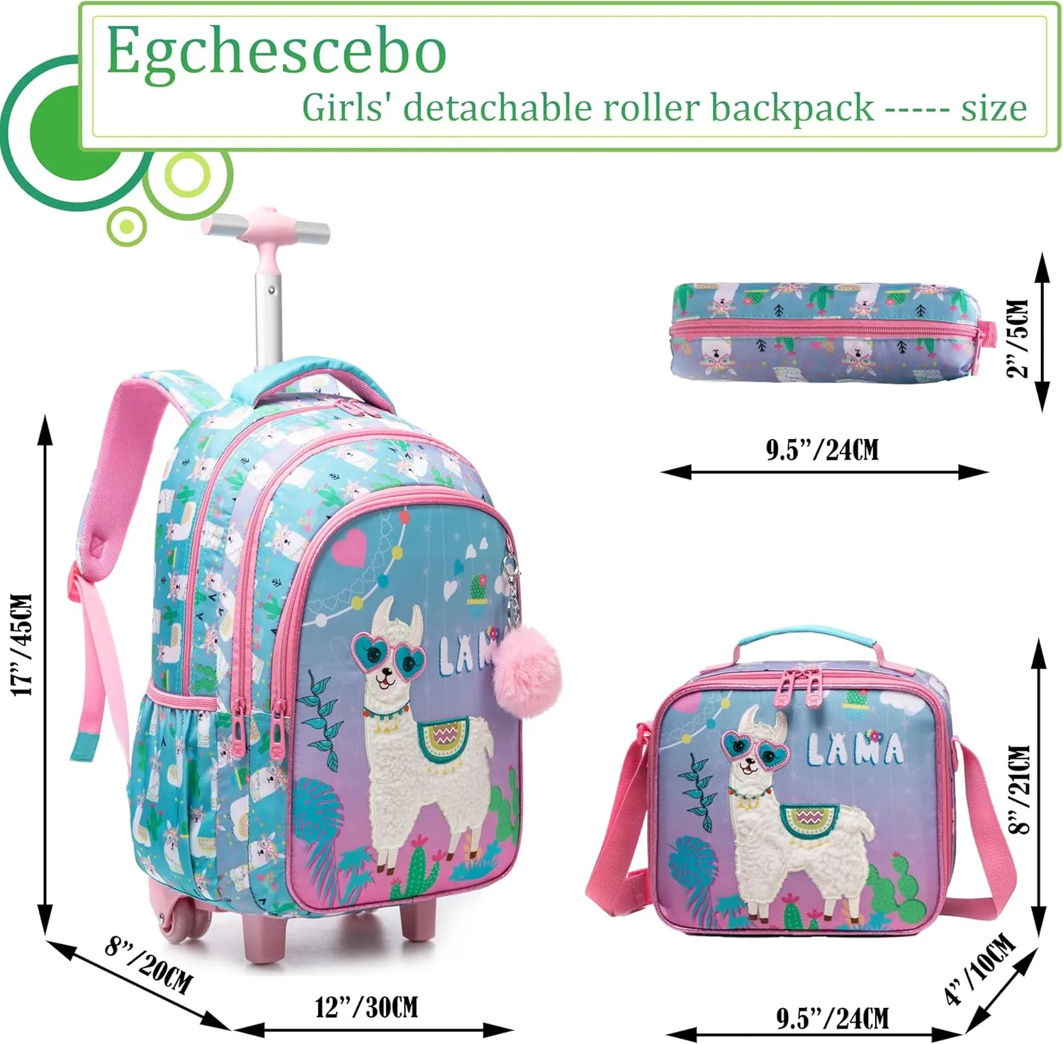 Egchescebo Kids Rolling Backpack for Girls Alpaca Suitcases Trolley Roller Luggage Backpacks on Wheels with Lunch Box Pencil Case for Elementary Multiple Compartment Pockets Travel School Bag Sky Blue