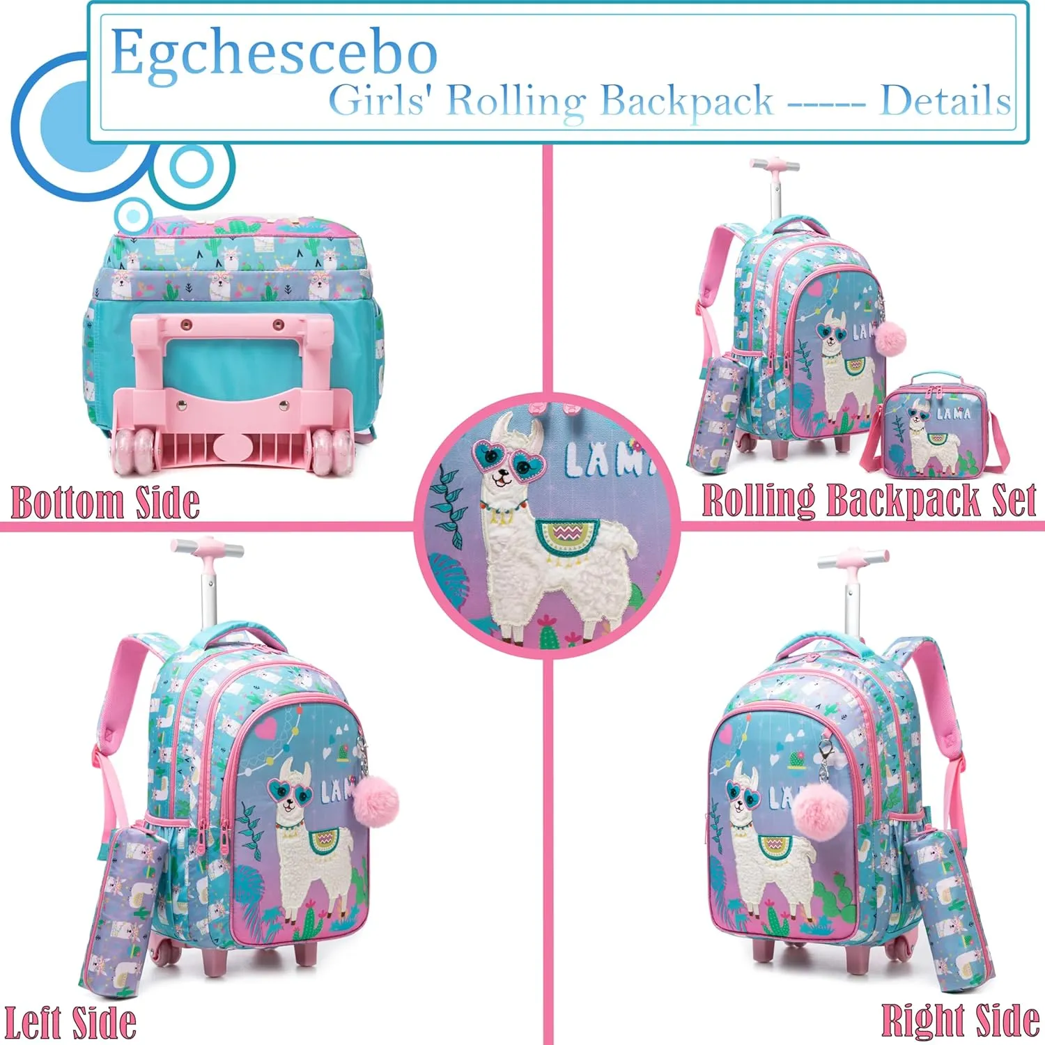 Egchescebo Kids Rolling Backpack for Girls Alpaca Suitcases Trolley Roller Luggage Backpacks on Wheels with Lunch Box Pencil Case for Elementary Multiple Compartment Pockets Travel School Bag Sky Blue