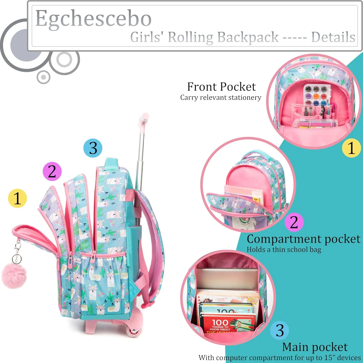 Egchescebo Kids Rolling Backpack for Girls Alpaca Suitcases Trolley Roller Luggage Backpacks on Wheels with Lunch Box Pencil Case for Elementary Multiple Compartment Pockets Travel School Bag Sky Blue