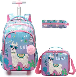 Egchescebo Kids Rolling Backpack for Girls Alpaca Suitcases Trolley Roller Luggage Backpacks on Wheels with Lunch Box Pencil Case for Elementary Multiple Compartment Pockets Travel School Bag Sky Blue