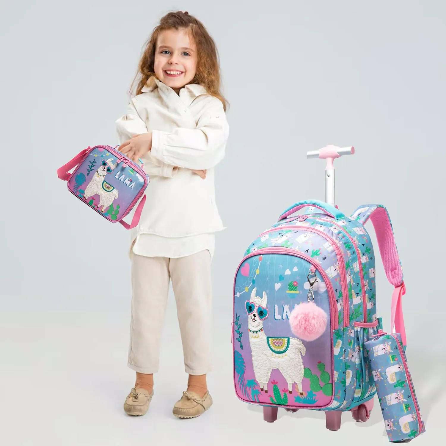 Egchescebo Kids Rolling Backpack for Girls Alpaca Suitcases Trolley Roller Luggage Backpacks on Wheels with Lunch Box Pencil Case for Elementary Multiple Compartment Pockets Travel School Bag Sky Blue