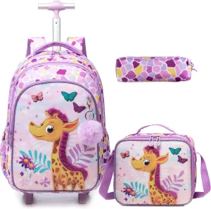 Egchescebo Kids Rolling Backpack for Girls Giraffe Suitcases Trolley Roller Luggage Backpacks on Wheels with Lunch Box Pencil Case for Elementary Multiple Compartment Pockets Travel School Bag Purple