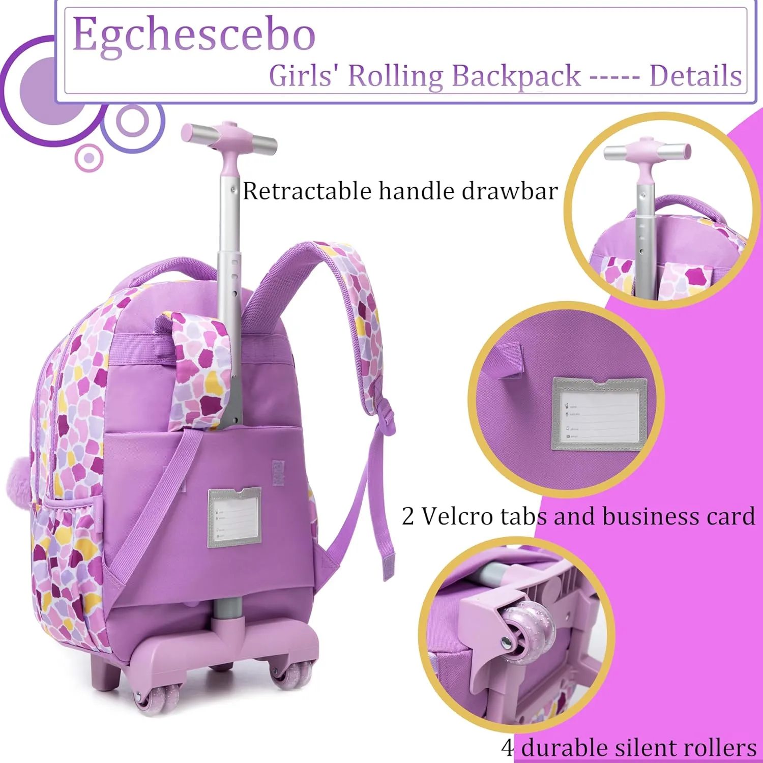 Egchescebo Kids Rolling Backpack for Girls Giraffe Suitcases Trolley Roller Luggage Backpacks on Wheels with Lunch Box Pencil Case for Elementary Multiple Compartment Pockets Travel School Bag Purple