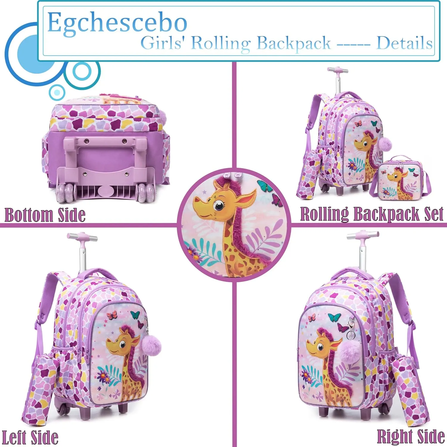 Egchescebo Kids Rolling Backpack for Girls Giraffe Suitcases Trolley Roller Luggage Backpacks on Wheels with Lunch Box Pencil Case for Elementary Multiple Compartment Pockets Travel School Bag Purple