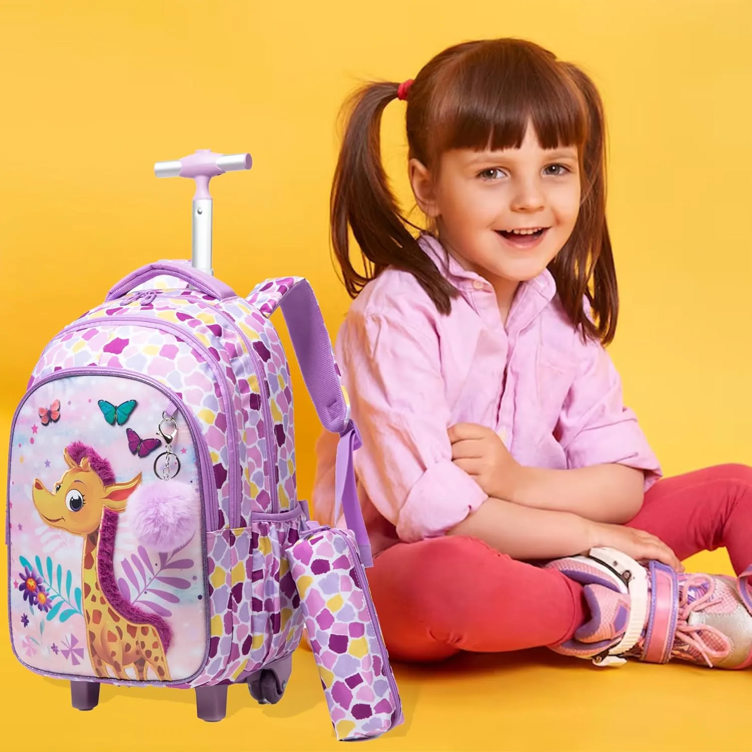Egchescebo Kids Rolling Backpack for Girls Giraffe Suitcases Trolley Roller Luggage Backpacks on Wheels with Lunch Box Pencil Case for Elementary Multiple Compartment Pockets Travel School Bag Purple