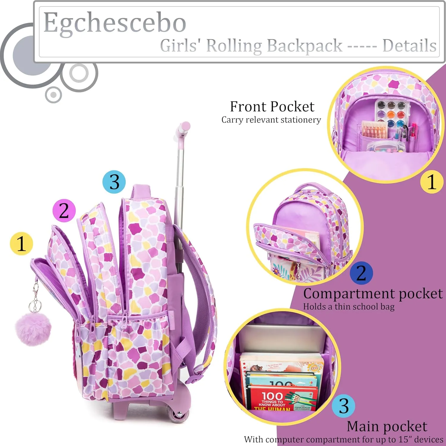 Egchescebo Kids Rolling Backpack for Girls Giraffe Suitcases Trolley Roller Luggage Backpacks on Wheels with Lunch Box Pencil Case for Elementary Multiple Compartment Pockets Travel School Bag Purple