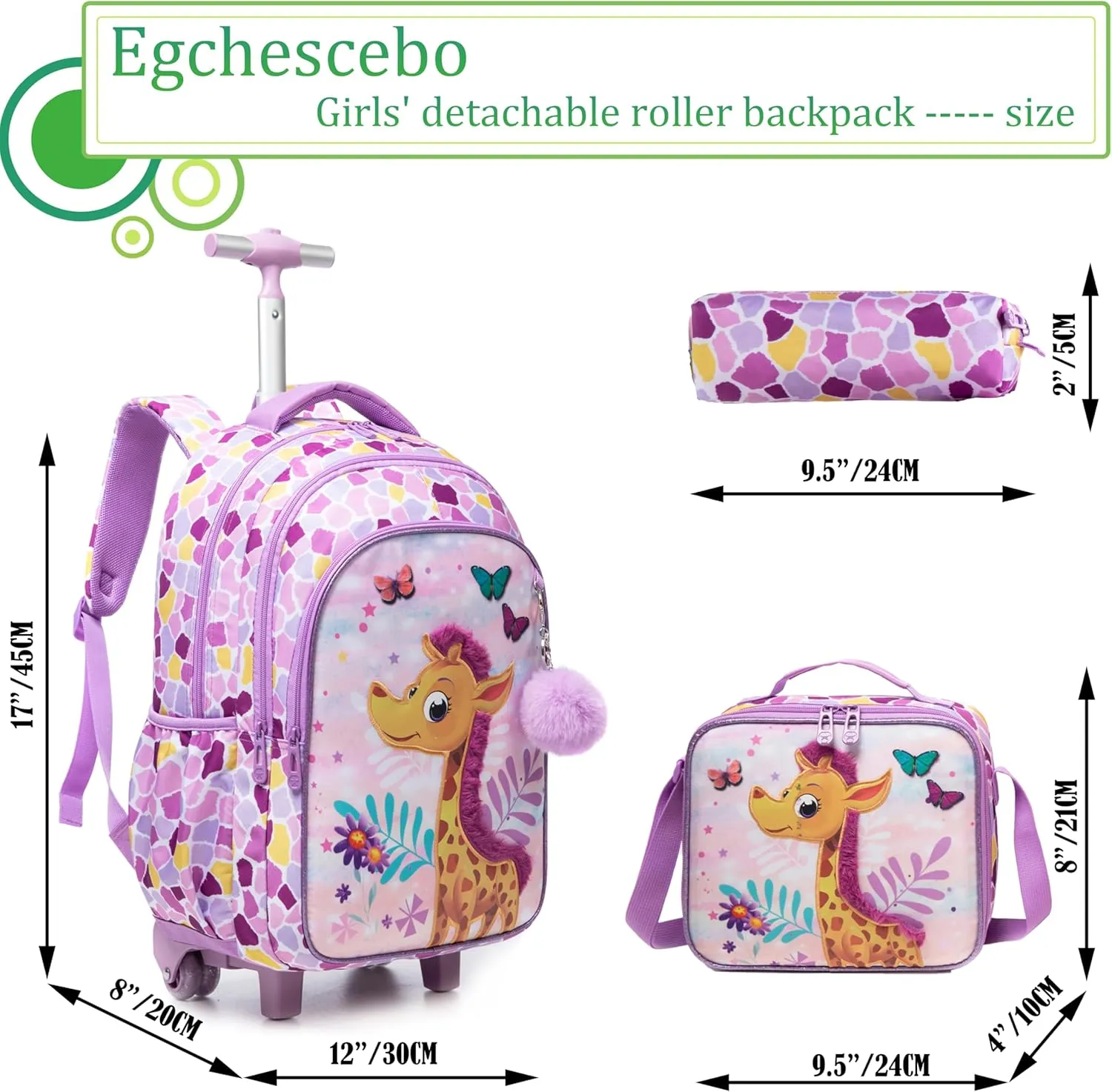 Egchescebo Kids Rolling Backpack for Girls Giraffe Suitcases Trolley Roller Luggage Backpacks on Wheels with Lunch Box Pencil Case for Elementary Multiple Compartment Pockets Travel School Bag Purple