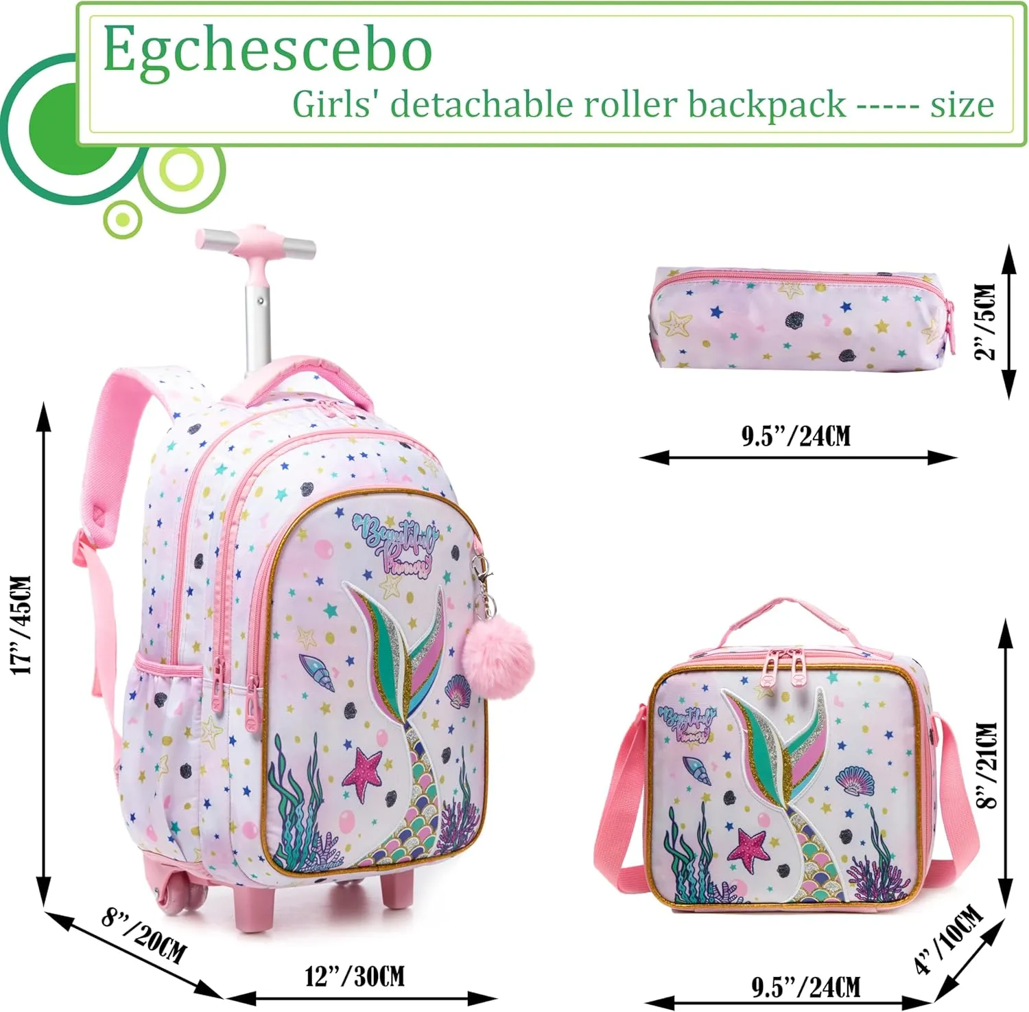 Egchescebo Kids Rolling Backpack for Girls Mermaid Suitcases Trolley Roller Luggage Backpacks on Wheels with Lunch Box Pencil Case for Elementary Multiple Compartment Pockets Travel School Bag Pink