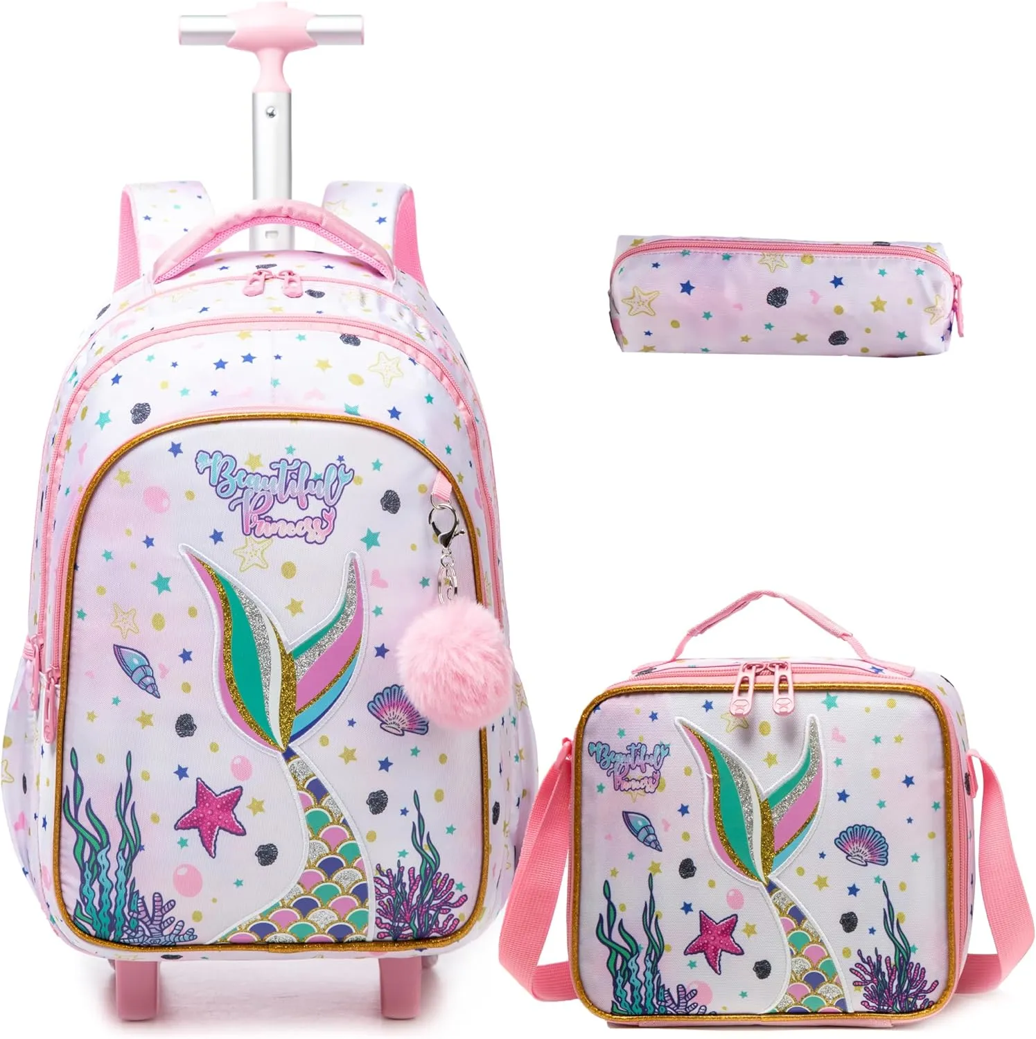 Egchescebo Kids Rolling Backpack for Girls Mermaid Suitcases Trolley Roller Luggage Backpacks on Wheels with Lunch Box Pencil Case for Elementary Multiple Compartment Pockets Travel School Bag Pink
