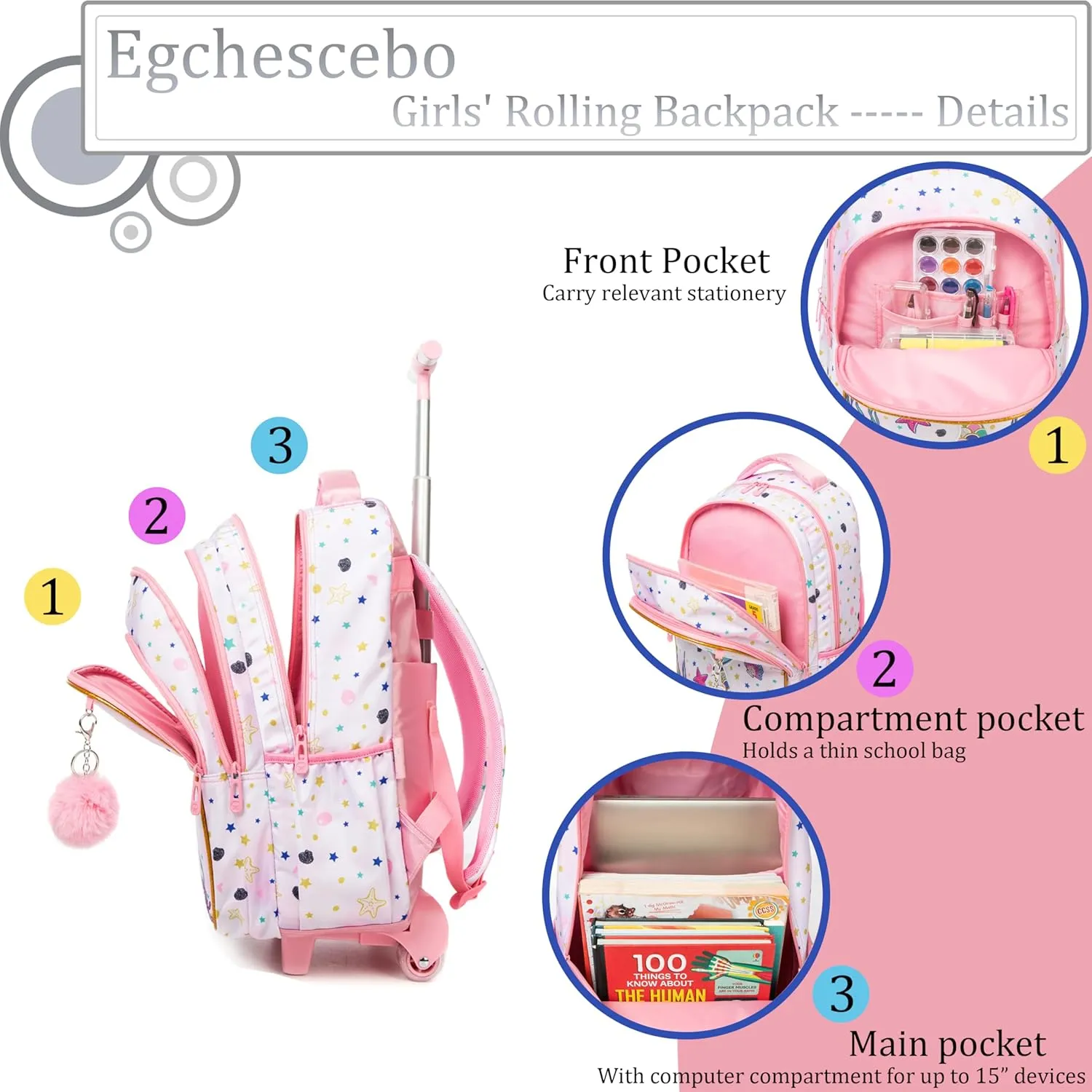 Egchescebo Kids Rolling Backpack for Girls Mermaid Suitcases Trolley Roller Luggage Backpacks on Wheels with Lunch Box Pencil Case for Elementary Multiple Compartment Pockets Travel School Bag Pink