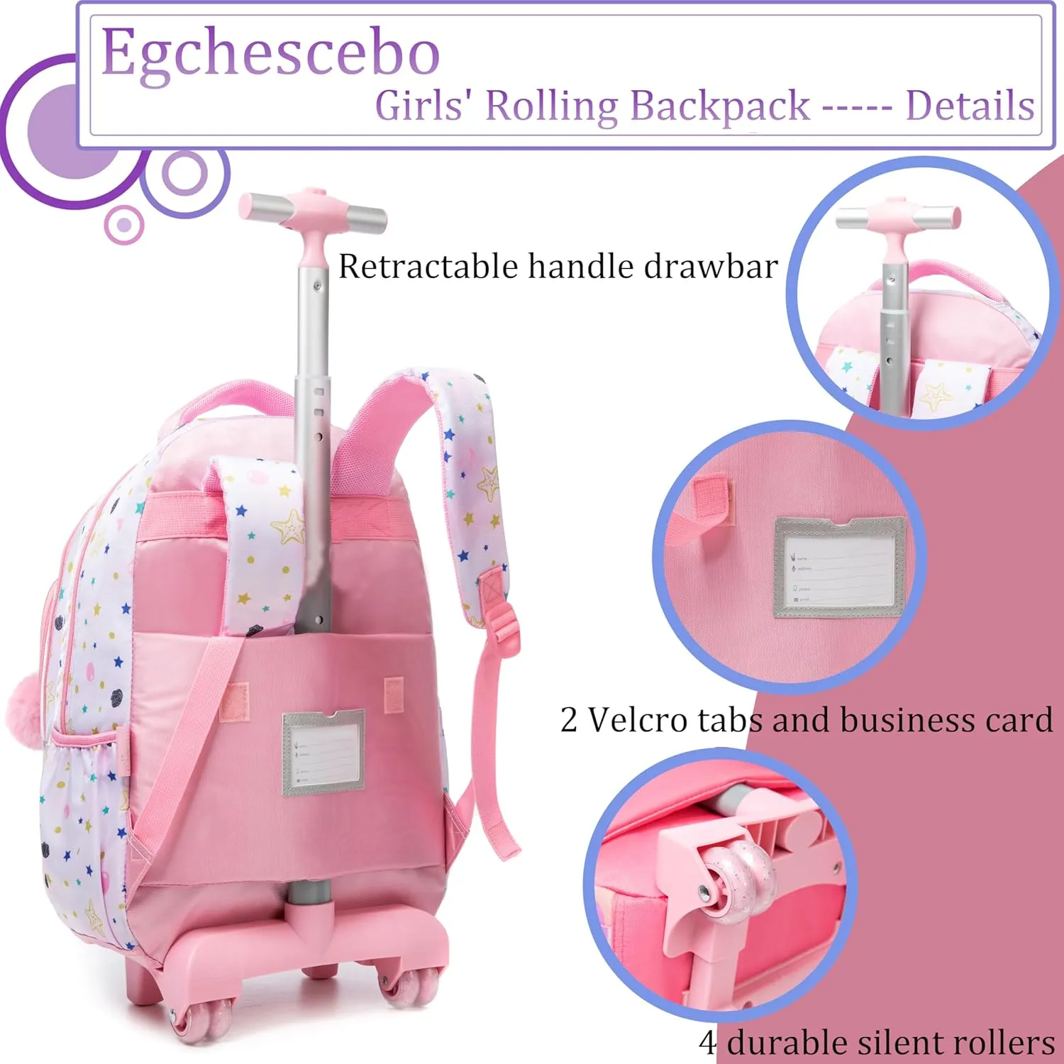 Egchescebo Kids Rolling Backpack for Girls Mermaid Suitcases Trolley Roller Luggage Backpacks on Wheels with Lunch Box Pencil Case for Elementary Multiple Compartment Pockets Travel School Bag Pink