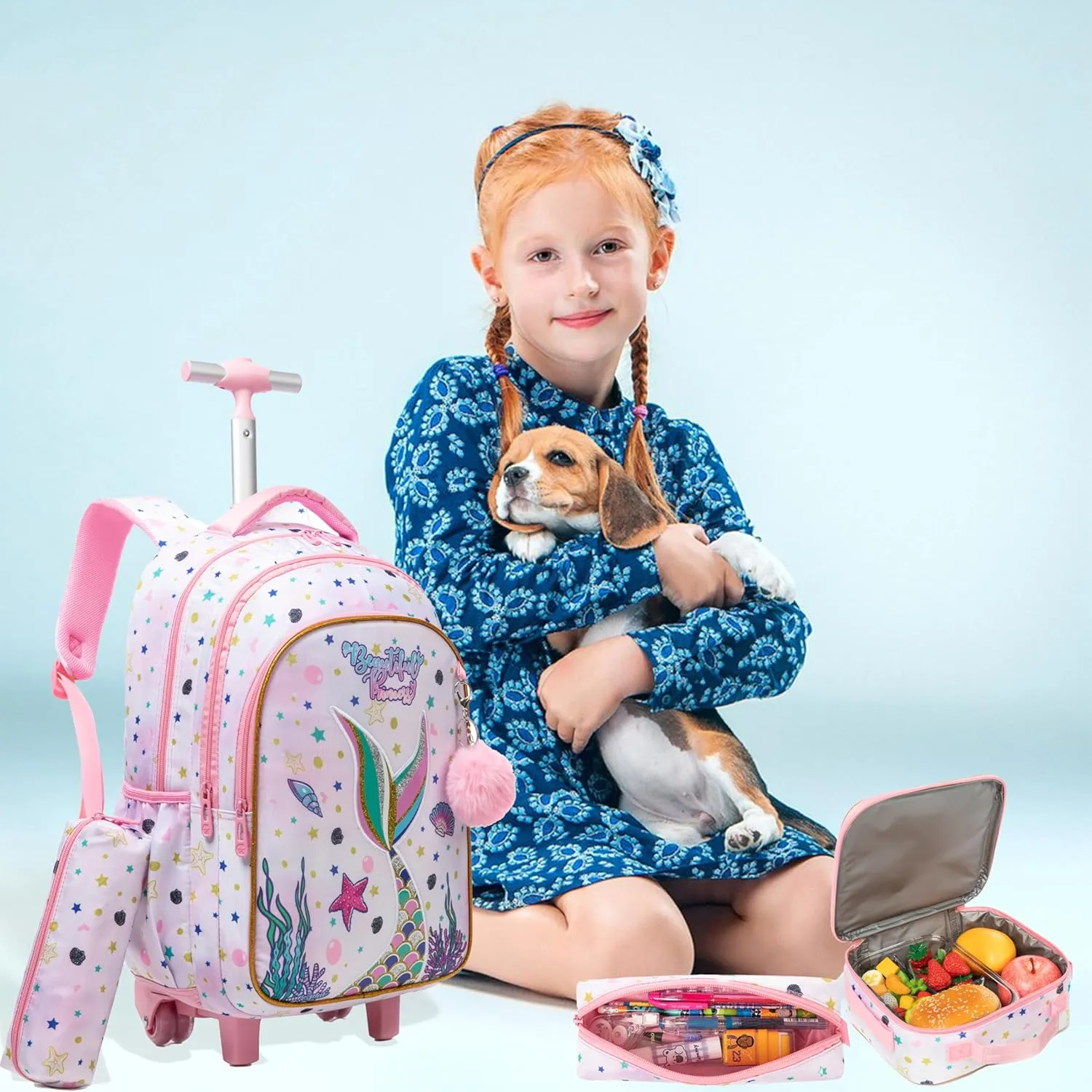 Egchescebo Kids Rolling Backpack for Girls Mermaid Suitcases Trolley Roller Luggage Backpacks on Wheels with Lunch Box Pencil Case for Elementary Multiple Compartment Pockets Travel School Bag Pink