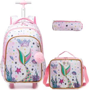 Egchescebo Kids Rolling Backpack for Girls Mermaid Suitcases Trolley Roller Luggage Backpacks on Wheels with Lunch Box Pencil Case for Elementary Multiple Compartment Pockets Travel School Bag Pink