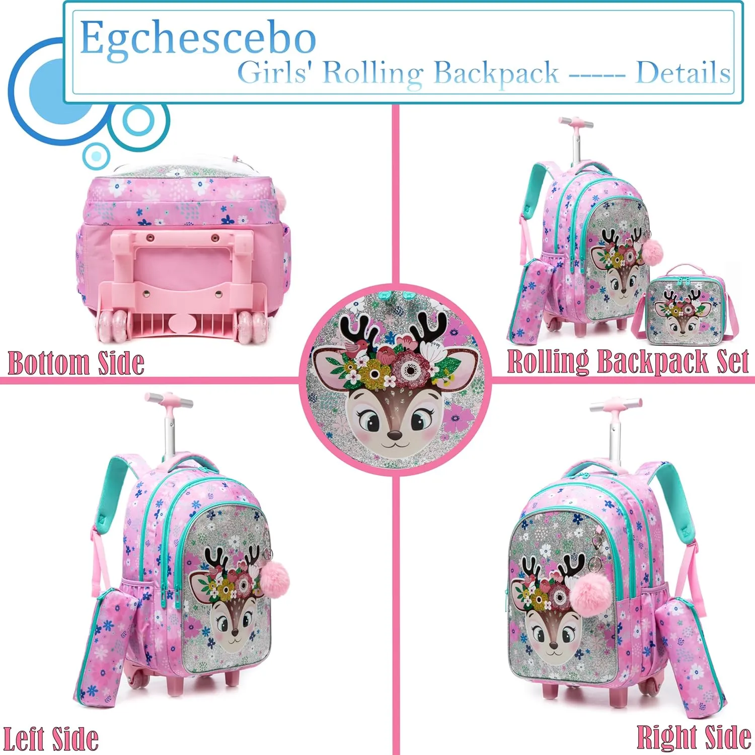 Egchescebo Kids Rolling Backpack for Girls Moose Suitcases Trolley Roller Luggage Backpacks on Wheels with Lunch Box Pencil Case for Elementary Multiple Compartment Pockets Travel School Bag Pink