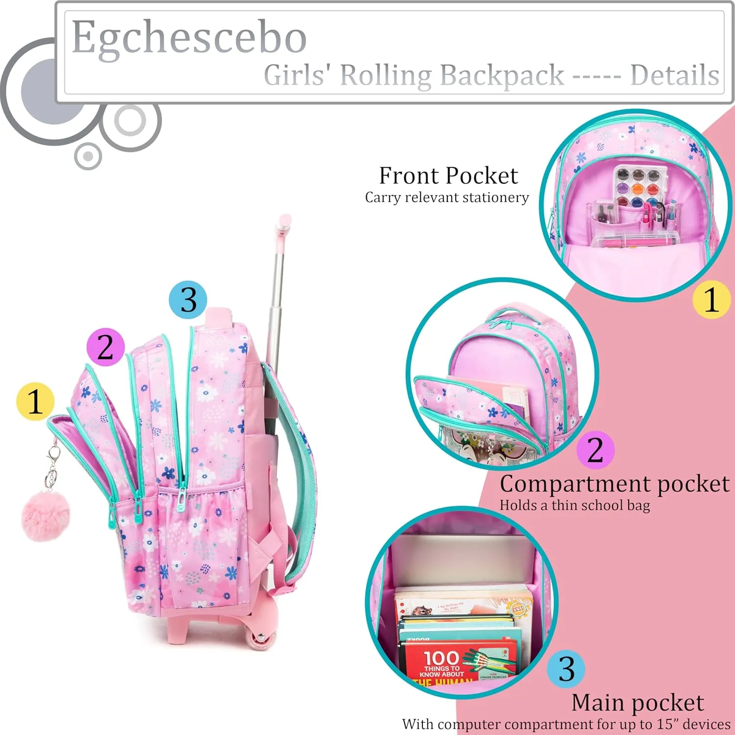 Egchescebo Kids Rolling Backpack for Girls Moose Suitcases Trolley Roller Luggage Backpacks on Wheels with Lunch Box Pencil Case for Elementary Multiple Compartment Pockets Travel School Bag Pink