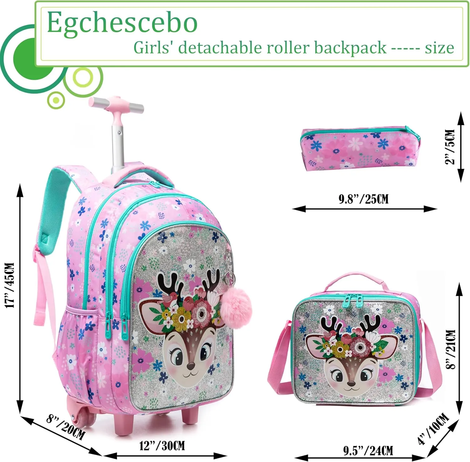 Egchescebo Kids Rolling Backpack for Girls Moose Suitcases Trolley Roller Luggage Backpacks on Wheels with Lunch Box Pencil Case for Elementary Multiple Compartment Pockets Travel School Bag Pink