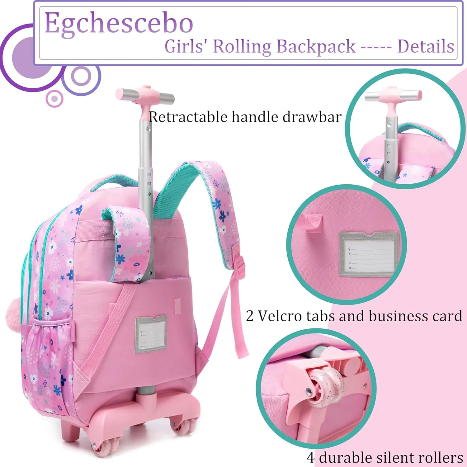 Egchescebo Kids Rolling Backpack for Girls Moose Suitcases Trolley Roller Luggage Backpacks on Wheels with Lunch Box Pencil Case for Elementary Multiple Compartment Pockets Travel School Bag Pink