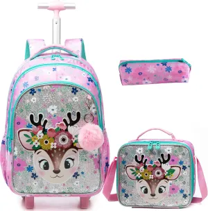 Egchescebo Kids Rolling Backpack for Girls Moose Suitcases Trolley Roller Luggage Backpacks on Wheels with Lunch Box Pencil Case for Elementary Multiple Compartment Pockets Travel School Bag Pink