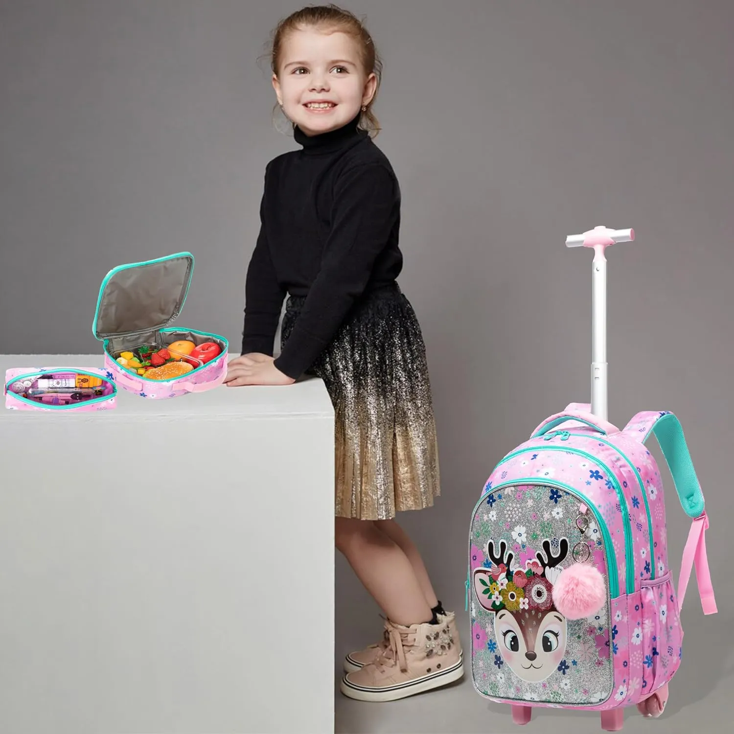 Egchescebo Kids Rolling Backpack for Girls Moose Suitcases Trolley Roller Luggage Backpacks on Wheels with Lunch Box Pencil Case for Elementary Multiple Compartment Pockets Travel School Bag Pink
